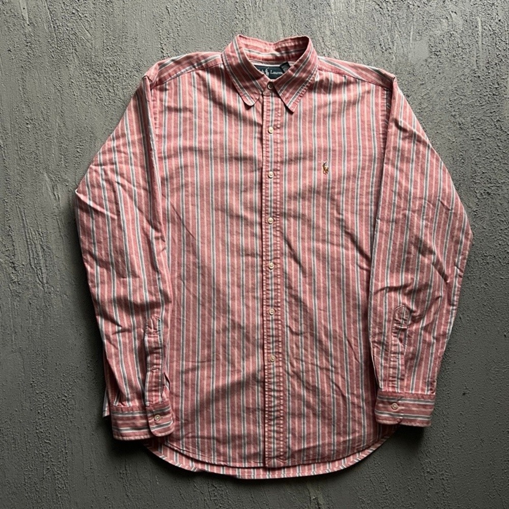 Vintage Ralph Lauren Button Up Shirt Large Pink 1990s Striped Classic Fit
